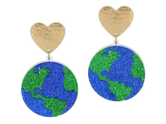 Gold Heart Post, Acyrlic Earth Earrings