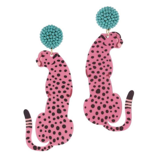 Turquoise Beaded Post with Pink and Black Cheetah Earrings