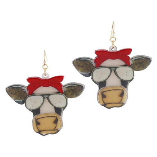 Multi Glitter Acrylic Cow Head with Red Bandana Bow and Sunglasses Earrings