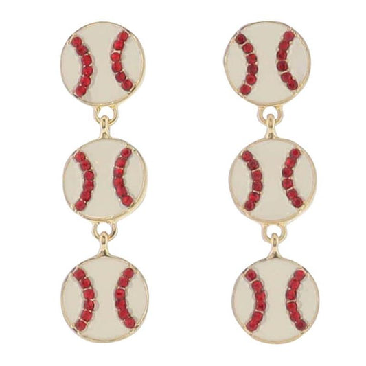 3 Enamel Baseballs with Red Crystal Earring