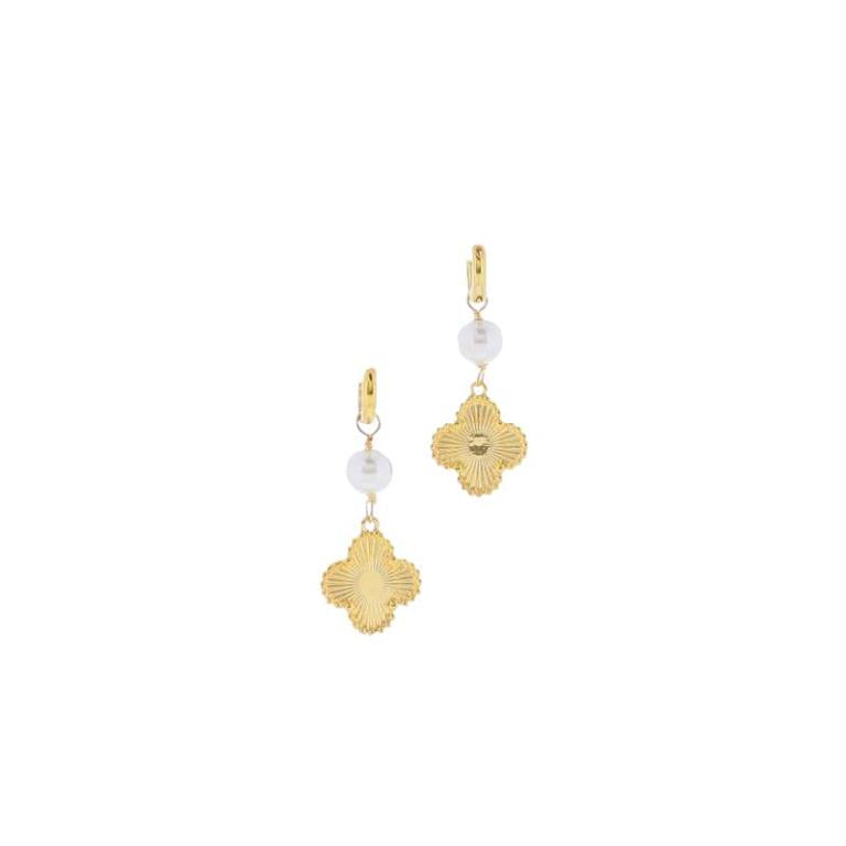 18K Gold Huggie with Pearl & Gold Quatrefoil Earring