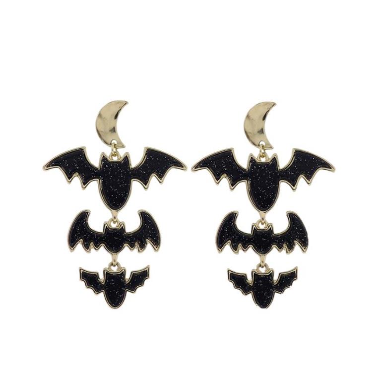 Moon with Jet Descending Bats Earring