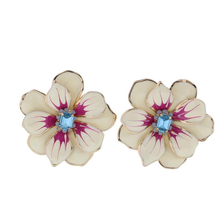 Off White Enamel Large Flower Earring with Light Blue Crystal Center