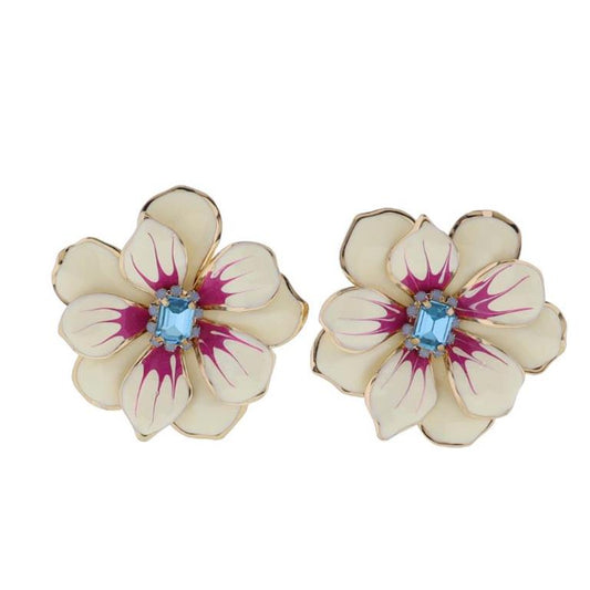 Off White Enamel Large Flower Earring with Light Blue Crystal Center