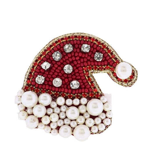 Red & Pearl Santa Hat Brooch