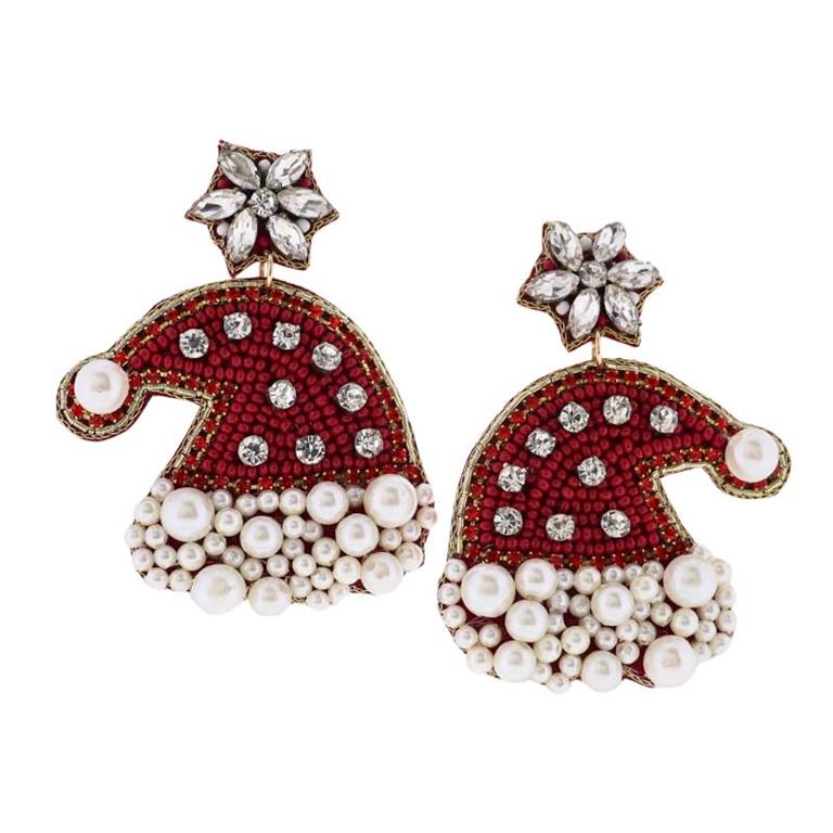 Red & Pearl Santa Hat Earring