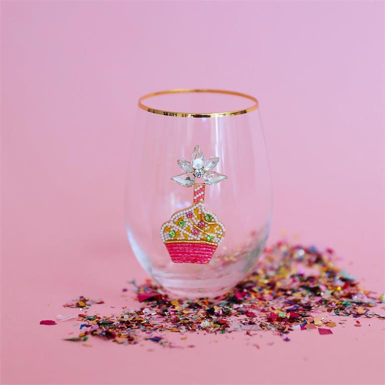 Beaded Birthday Cupcake wine Glass