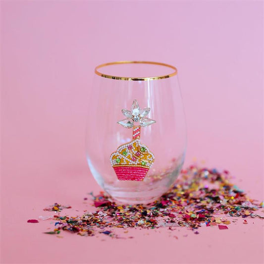 Beaded Birthday Cupcake wine Glass