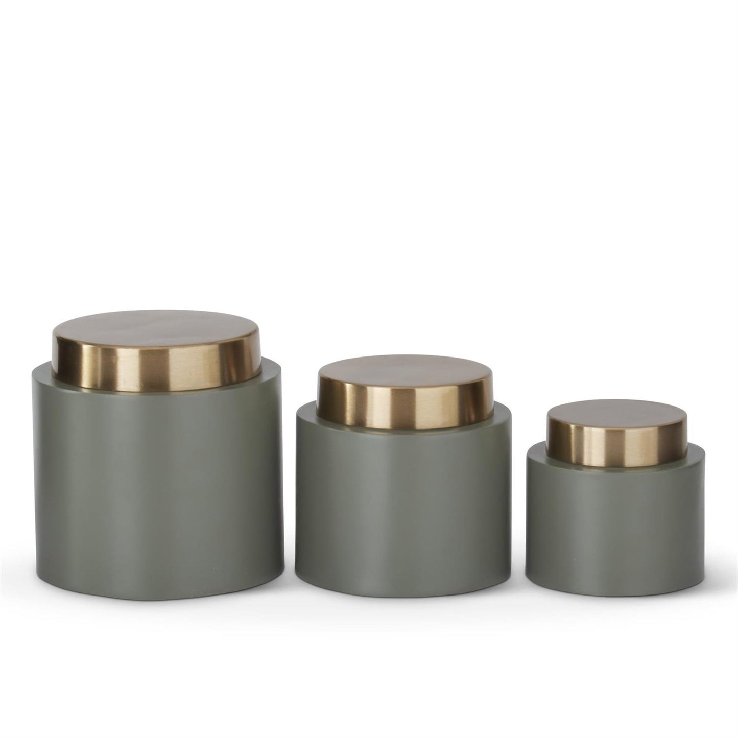 Set of 3 Olive Green Round Metal Containers w/Gold Lids