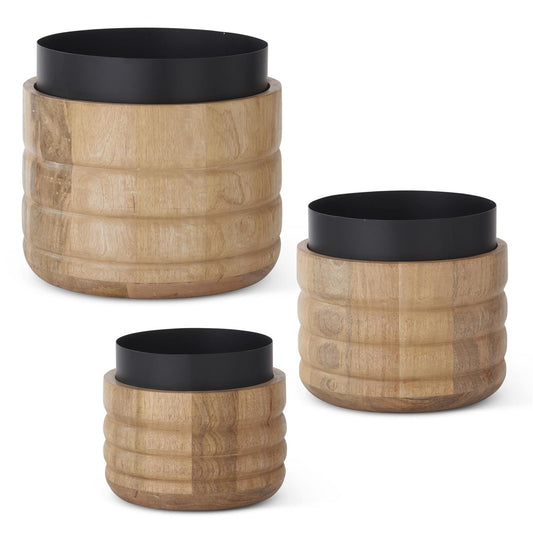 Mango Wood & Black Metal Pot