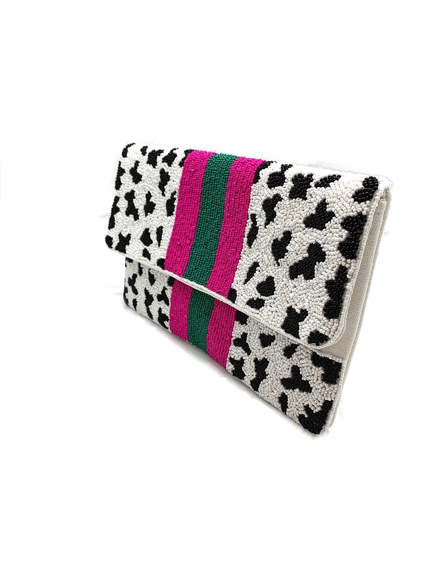 CHEETAH CLUTCH WITH FUCHSIA / GREEN STRIPES