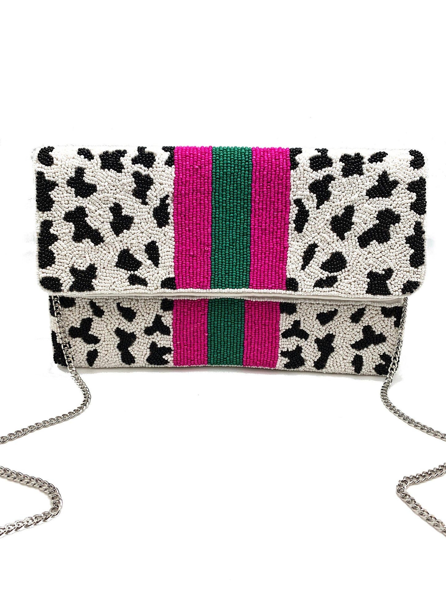 CHEETAH CLUTCH WITH FUCHSIA / GREEN STRIPES