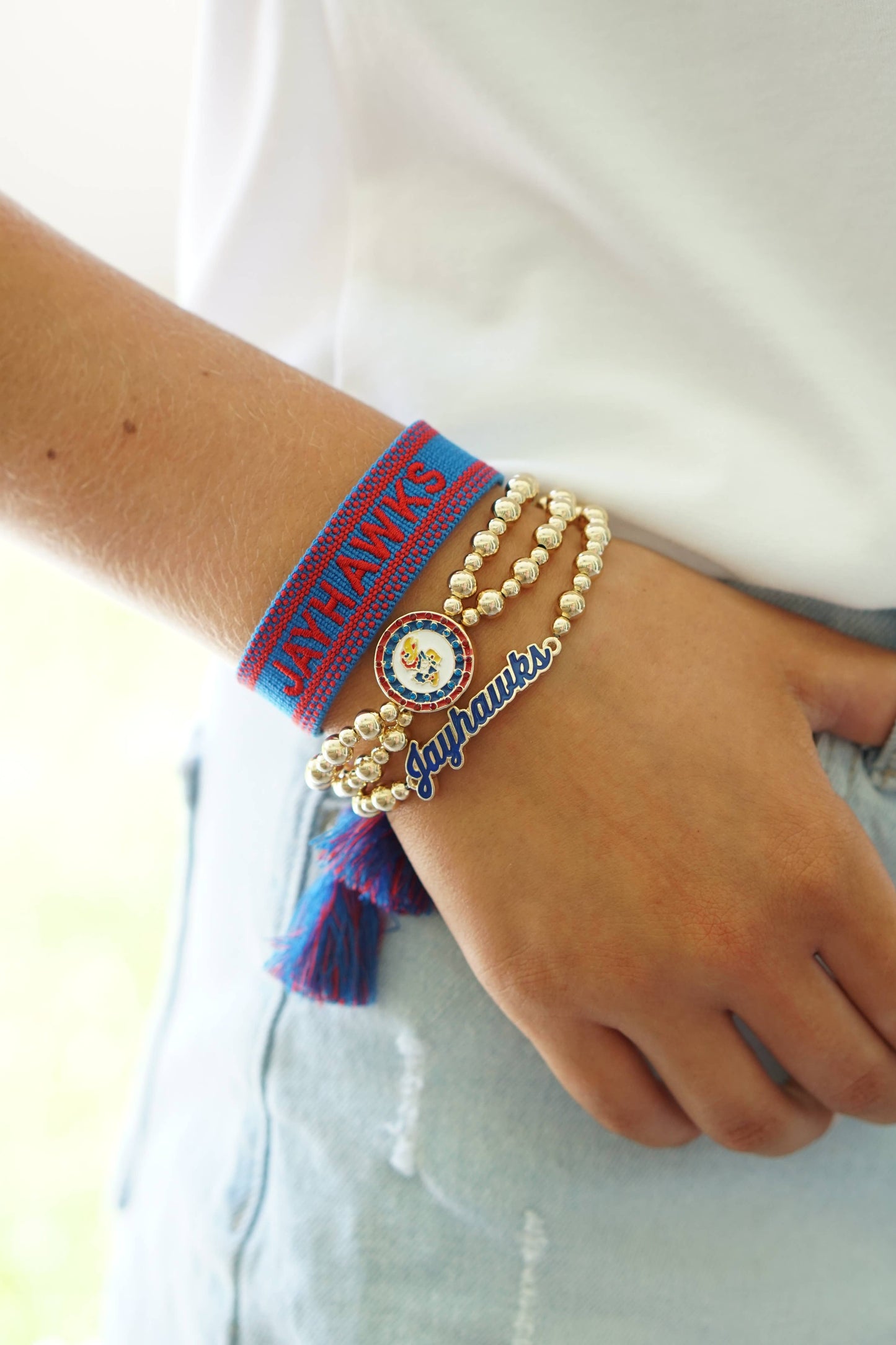 Kansas Jayhawks Pave Disc 2-Row Ball Bead Stretch Bracelet