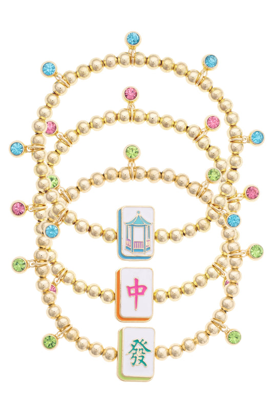 Mahjong Lucky Charms Ball Bead Bracelet Set of 3 in Gold