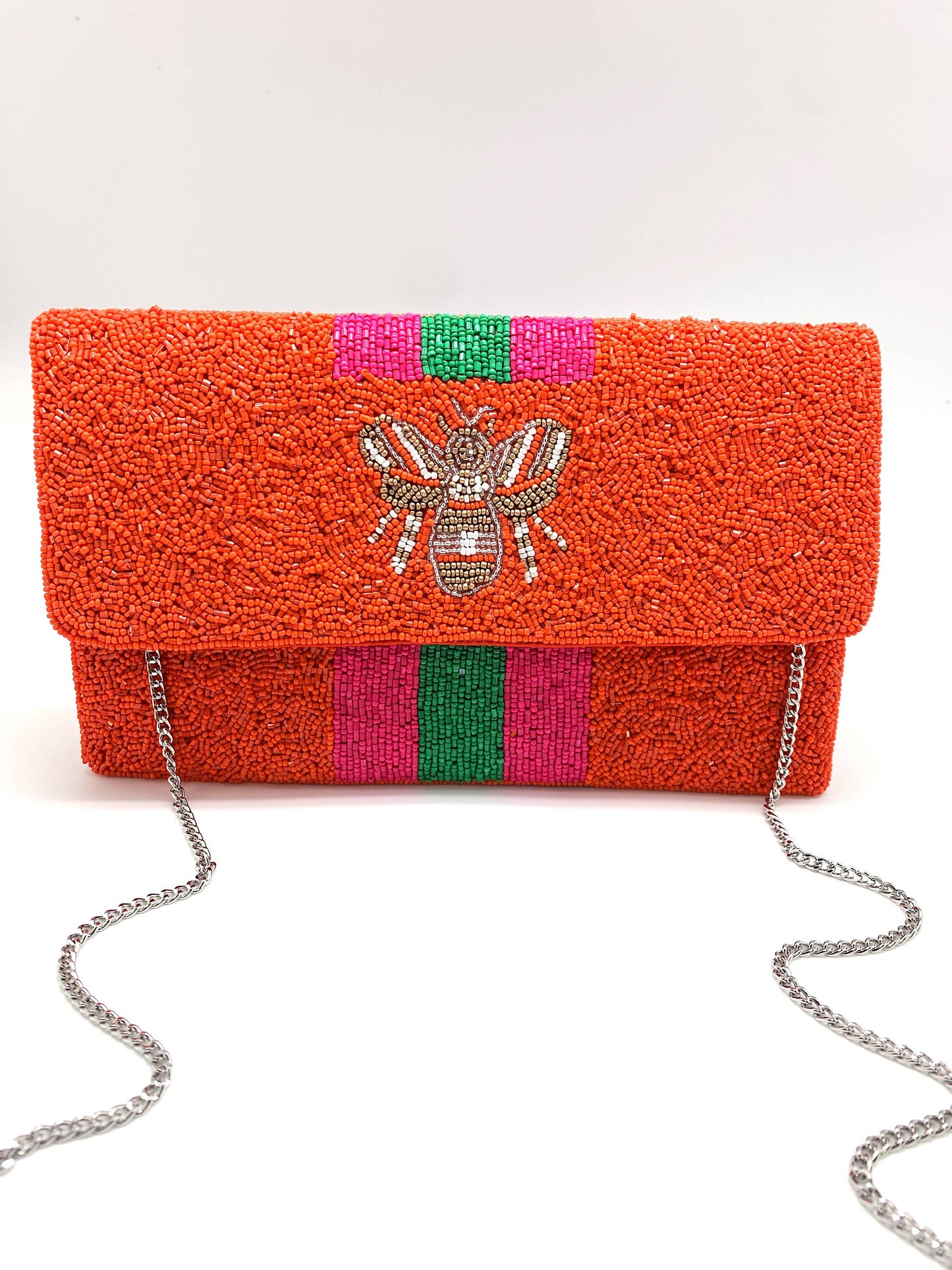 ORANGE BEADED BEE CLUTCH W/ PINK & GREEN STRIPE