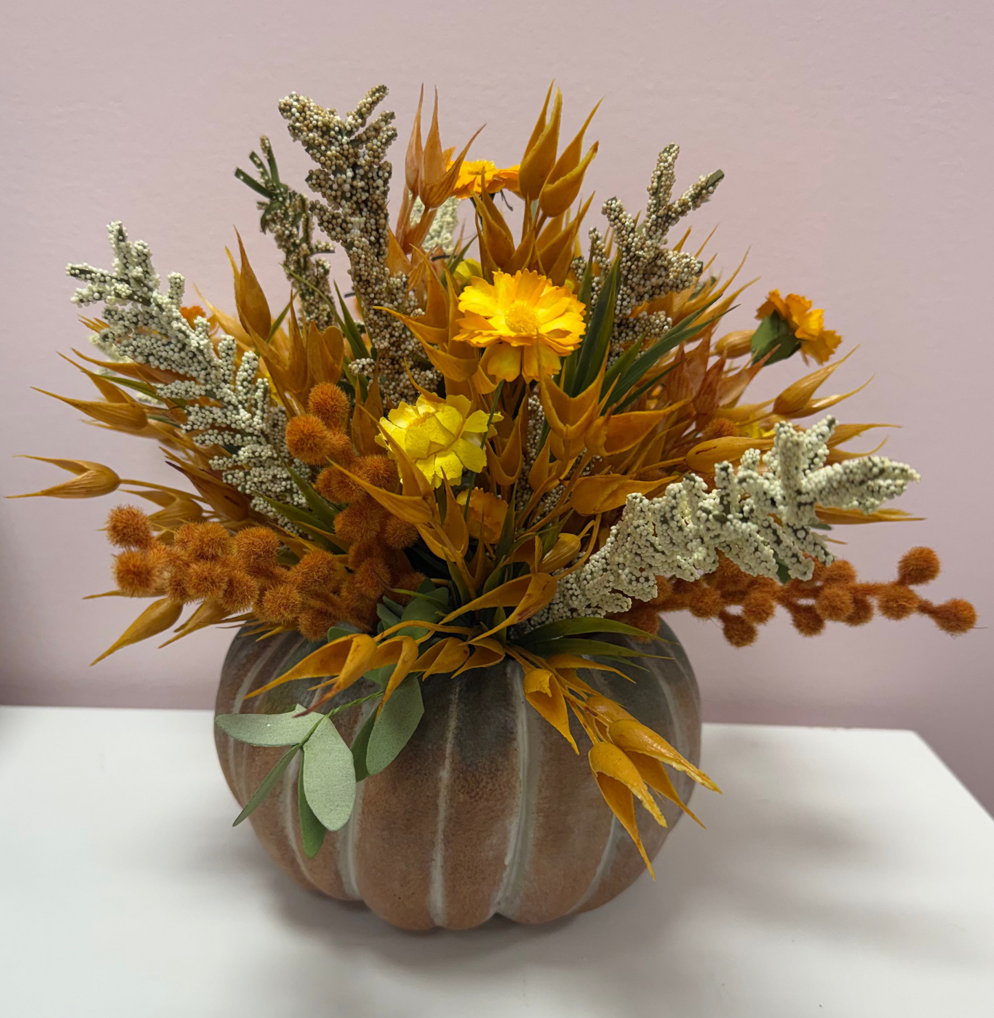 Lg. white washed pumpkin with foliage