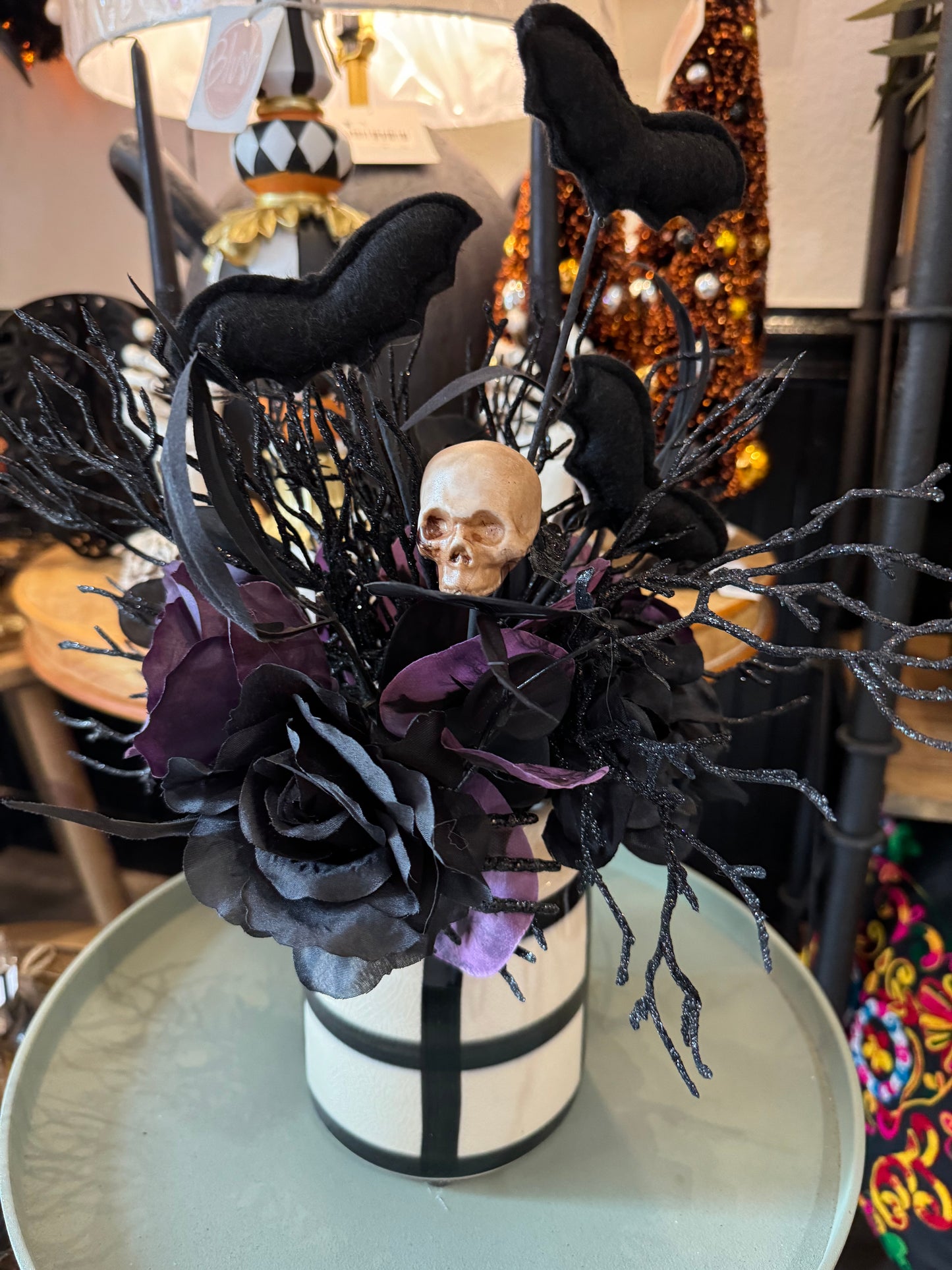 Halloween Arrangement in Black and White Container