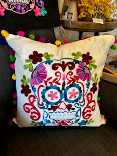 Day of the Dead Embroidered Pillow -White