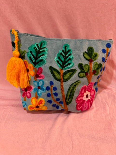 Large Embroidered Make-Up Bag / Aqua