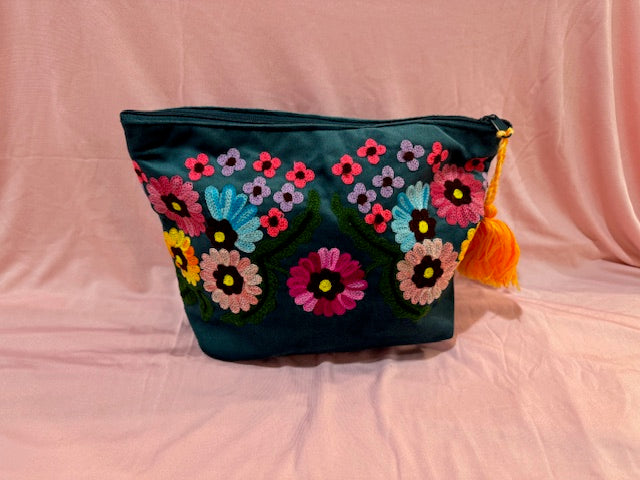 Large Embroidered Make-Up Bag / Teal