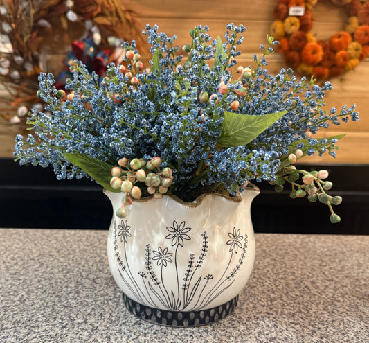 Lg.BW Planter with Blue Flowers