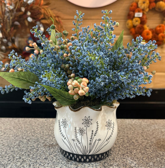 Med. BW Planter with blue flowers