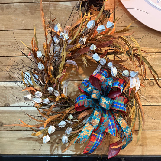 Fall Wreath with Wheat/ White Pods