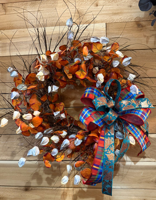 Fall Wreath w/ Orange Leaves and White Pods