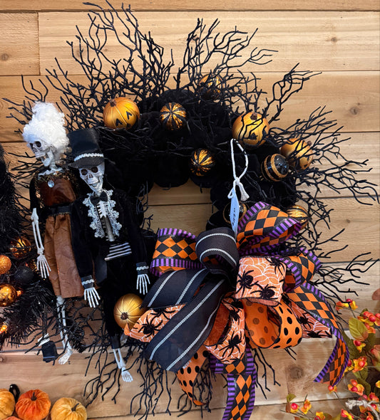 Black Pumpkin Wreath with Skellys
