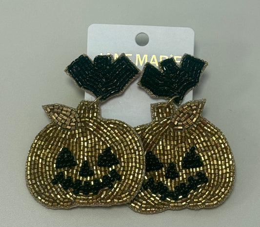 Gold Pumpkin with Bat Earrings