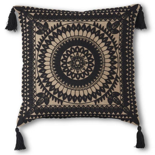 16 Inch Square Black & Cream Embroidered Mandala Pillow w/Tassels