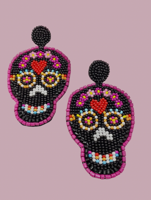 Beaded Black Sugar Skull Earrings