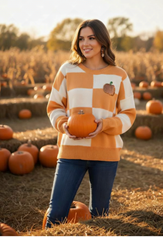 Checkerboard Pumpkin Sweater