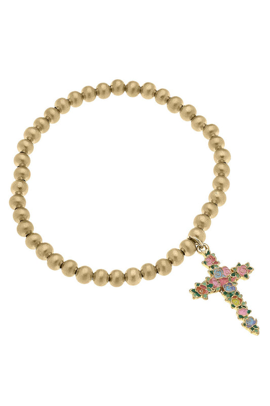 Blossomed Cross Ball Bead Stretch Bracelet in Satin Gold