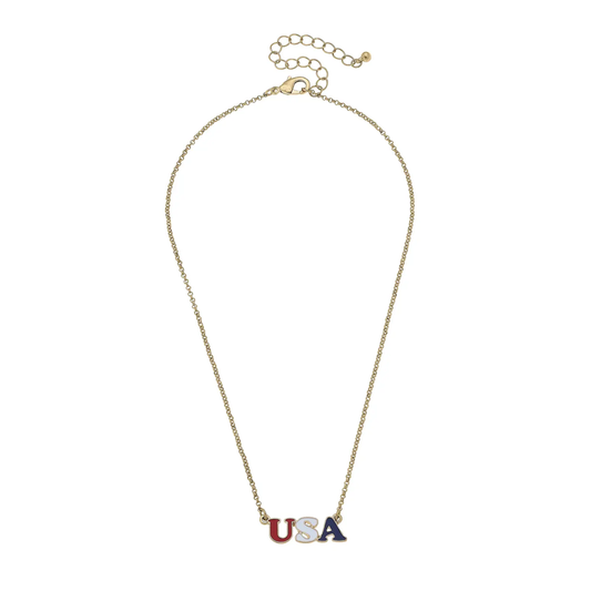 USA Enamel Necklace in Red, White, Blue, & Shiny Gold