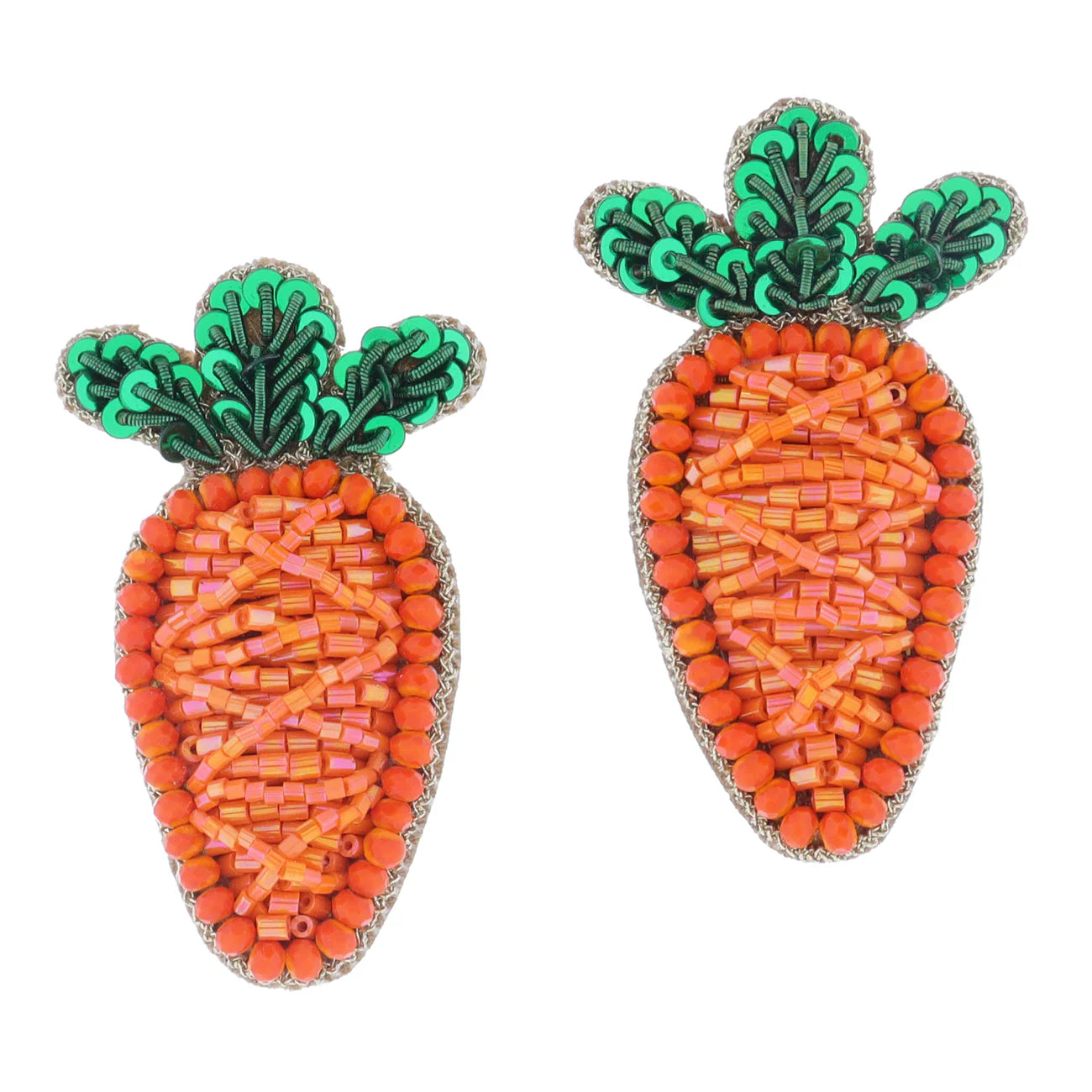Green And Orange Beaded & Sequin Carrot Earrings