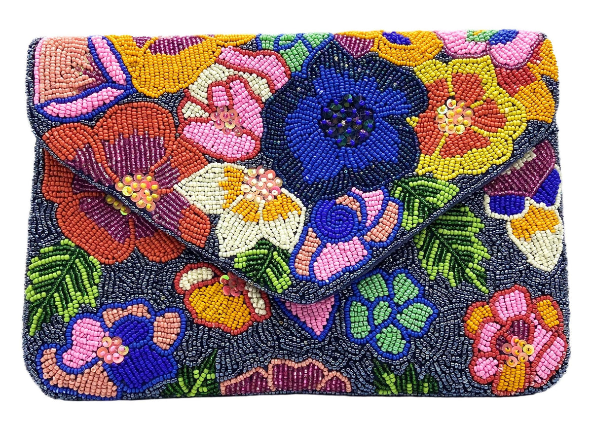 Multi-Color Spring Florals Velvet Beaded Clutch