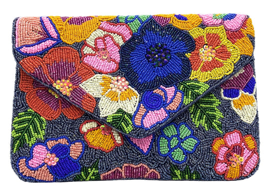 Multi-Color Spring Florals Velvet Beaded Clutch