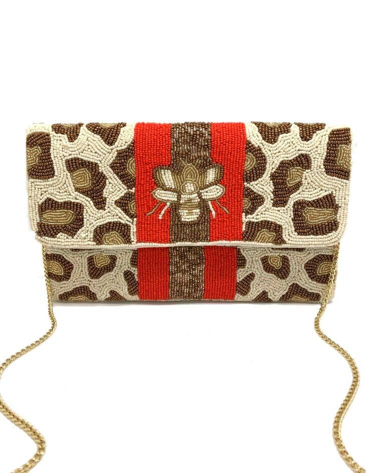 LEOPARD PRINT BEE BEADED CLUTCH W/ RED STRIPE