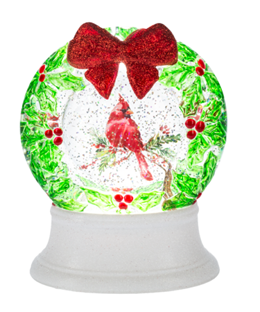 LED  Light Up Shimmer Cardinal in Wreath  Globe