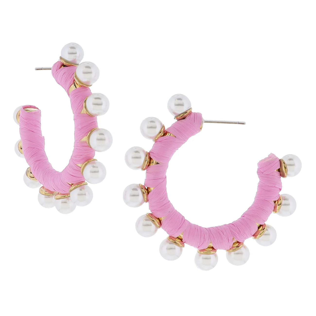 Pink Raffia Wrapped Tubular Hoop w/ Pearl Studs